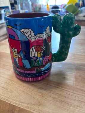 Authentic Mexican Folk Art Colorful Hand-Painted Ceramic Mug with Cactus Handle
